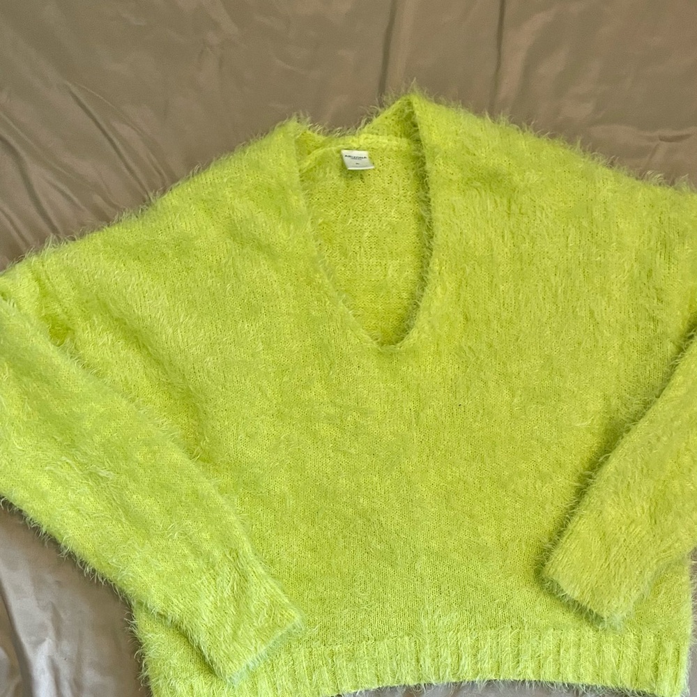 Spring Neon Green Fuzzy V Neck long sleeve cropped sweater